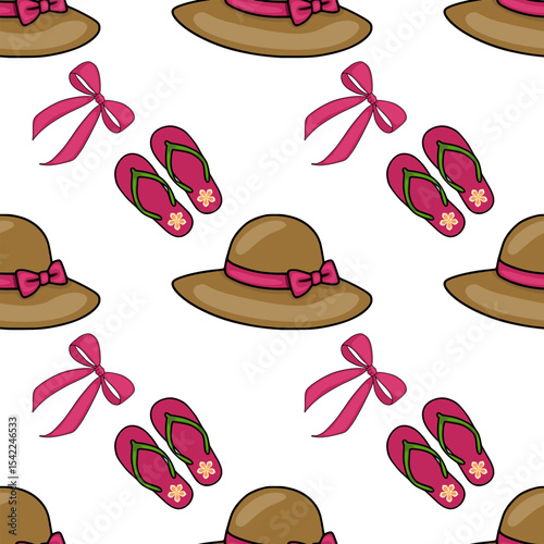 Seamless vector pattern featuring stylish brown hats adorned with pink ribbons, complemented by vibrant pink flip-flops with floral accents, creating a cheerful summery design.