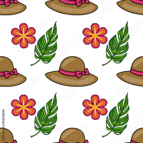 Seamless vector pattern featuring brown sun hats with pink ribbons, vibrant orange flowers, and lush green monstera leaves, creating a cheerful summer vibe.