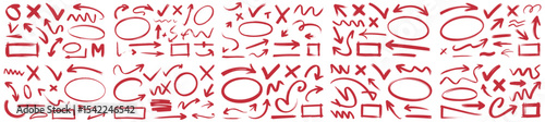 Hand-Drawn Arrows, Circles, and Checkmarks Vector Set, arrows, circles, checkmarks, and other design elements, Red Arrows and Markers for Design, hand drawn, arrows, check marks, x marks, circles, squ