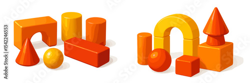 Colorful geometric shapes arranged in playful design on a white background showcasing creativity and learning in play