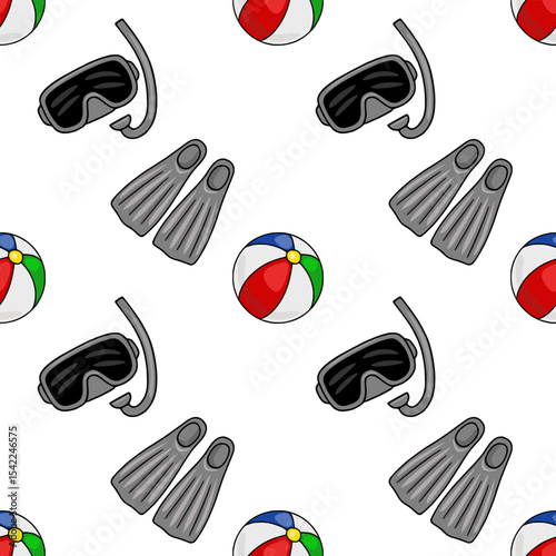 Seamless vector pattern featuring diving mask, snorkel, flippers, and beach ball, creating a vibrant summer underwater theme.