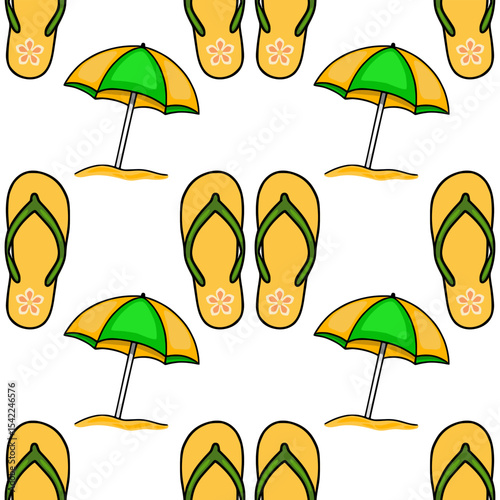 Seamless vector pattern of summer beach flip-flops and beach umbrellas in vibrant yellow and green colors, creating a cheerful and playful design perfect for textile prints or summer-themed backgro...