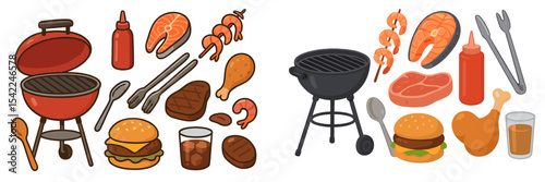 Grilling feast with a variety of meats and seafood at a backyard cookout during summer afternoon