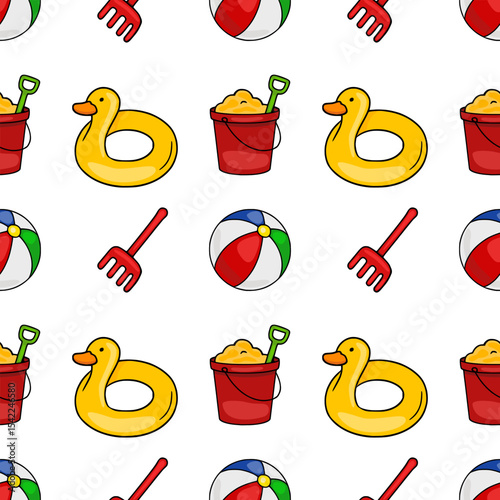 Seamless vector pattern of cheerful summer beach toys: inflatable duck, beach ball, bucket and spade, creating a playful and vibrant design perfect for kids products or summer-themed projects.