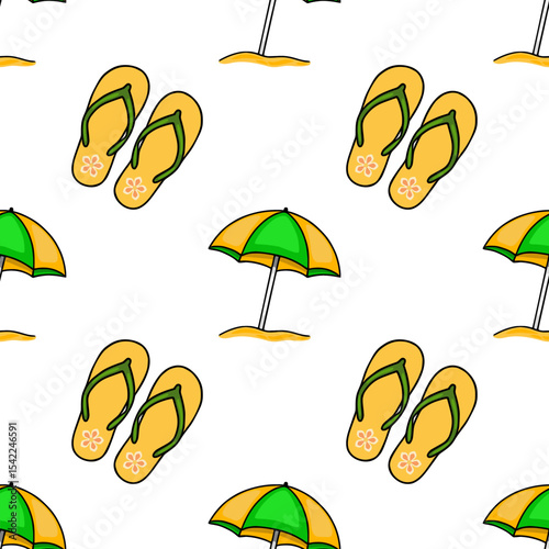 Seamless vector pattern of cheerful yellow flip-flops and vibrant yellow-green beach umbrellas on a white background, creating a playful summer vibe.
