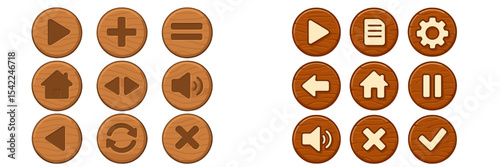 Collections of wooden buttons with various icons for user interface design in a modern digital application
