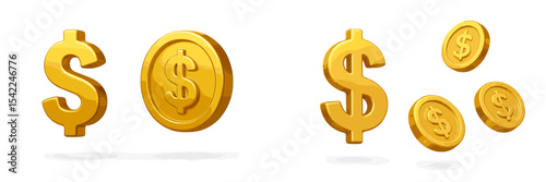 Gold coins and dollar symbols representing currency and finance in a simple design