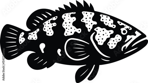 Spotted fish vector black and white drawing, Detailed aquatic animal silhouette design