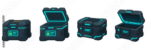 Various futuristic storage boxes in different states of opening, showcasing sleek design with neon accents