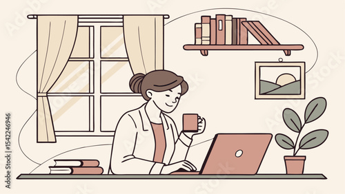 Illustration of a woman working on a laptop while holding a mug in a room with a window and bookshelf