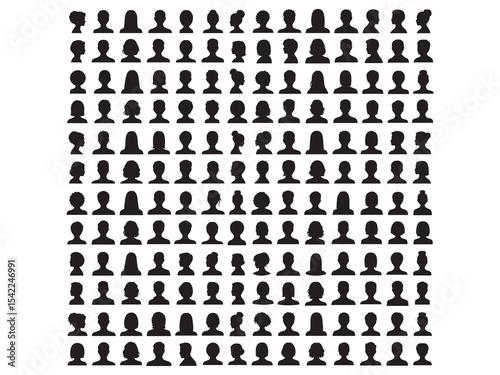 Profile Silhouettes of People, large grid of black silhouette profile portraits, showing a variety of hairstyles and genders, human head silhouettes, silhouette, people, heads, human, profile, faces, 
