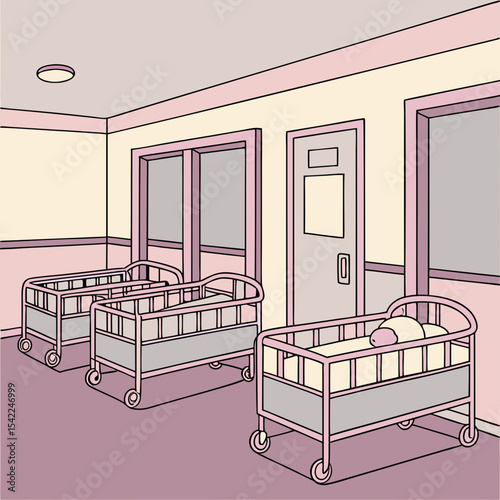 A softly lit hospital nursery room with rows of bassinets
