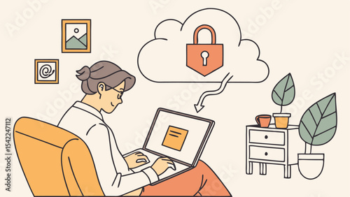 Woman using laptop with cloud security, indoor plants, and framed art on the wall at her home office