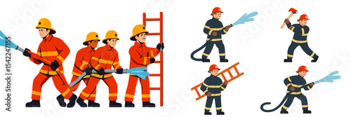 Firefighters in action engaged in firefighting efforts with hoses and ladders during an emergency response drill