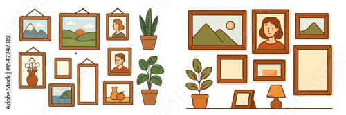 Interior wall decoration showcasing diverse artwork and plants in a bright and inviting room