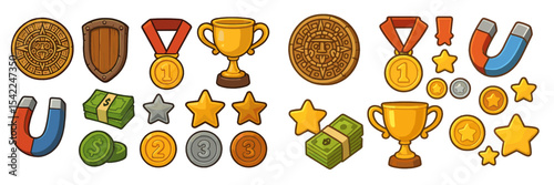 Award and trophy collection featuring various medals and coins in a vibrant and playful style for creative use