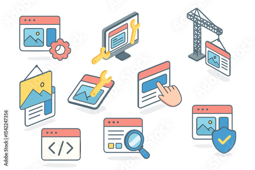 Icons of web design and development tools for creating and managing websites in a clean layout