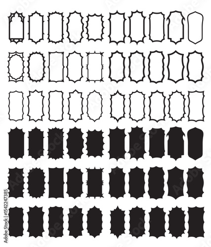 Decorative Frame Vector Set for Design Projects, decorative, ornate rectangular frames in a variety of sizes, some are black solid, some are outline, Set of decorative, spiky rectangular and oblong fr