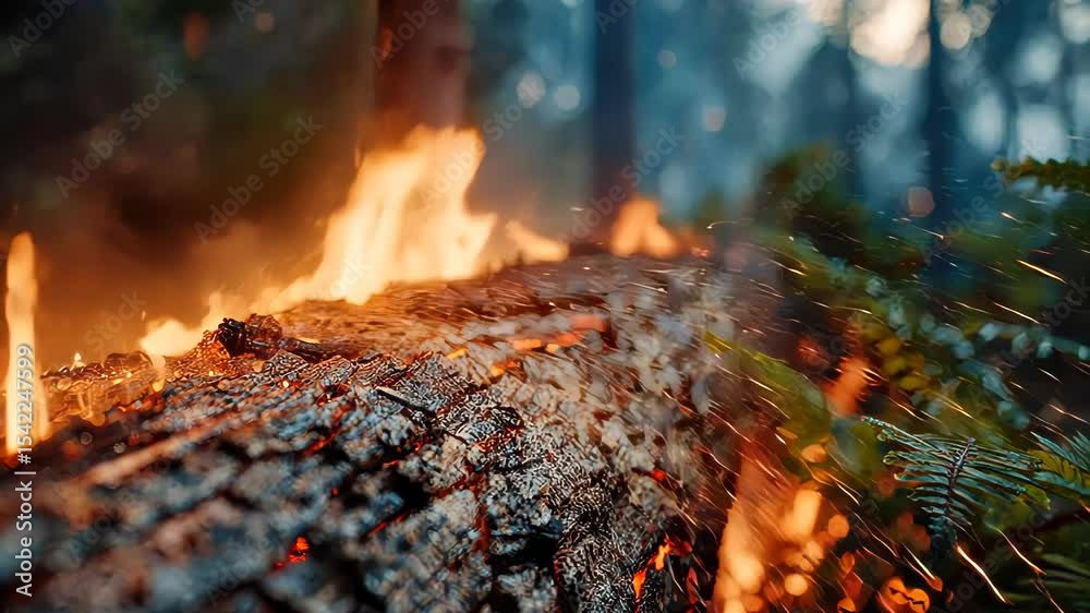 Close-up of a burning log in the forest, surrounded by glowing embers and vibrant orange flames