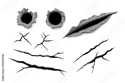 Digital artwork featuring unique black and gray textures resembling cracks, slashes, and holes on a white background