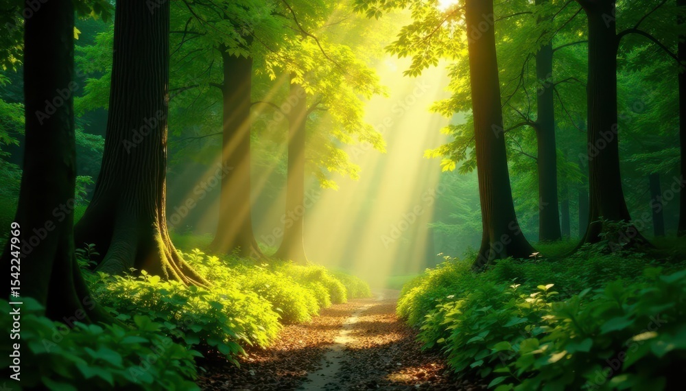 Naklejka premium Golden sunlight filters through lush green canopy, illuminating forest floor , forest, sunbeams