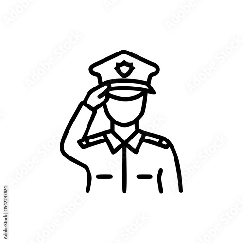 Woman Police Officer Saluting in Black and White Line Art Icon Illustration Handmade Design