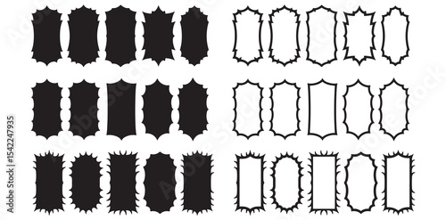 Decorative Frame Vector Set for Design Projects, decorative, ornate rectangular frames in a variety of sizes, some are black solid, some are outline, Set of decorative, spiky rectangular and oblong fr