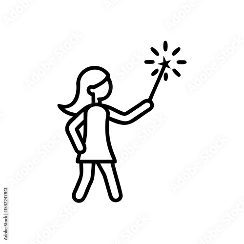 Line art illustration of a woman holding a sparkler a simple black and white design of a girl in a dress with a