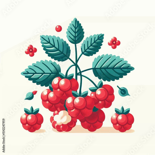 Raspberries and leaves are arranged symmetrically on a white backdrop