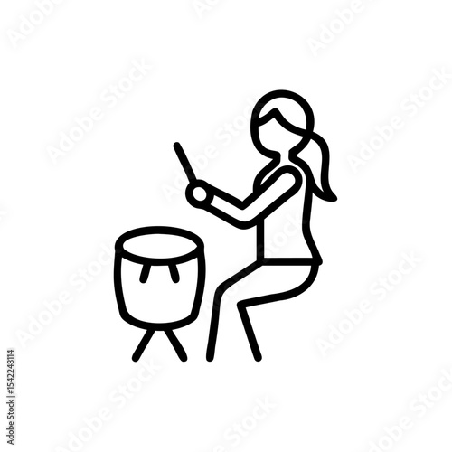 Woman playing drums line art illustration black and white female musician sitting drumsticks Handmade