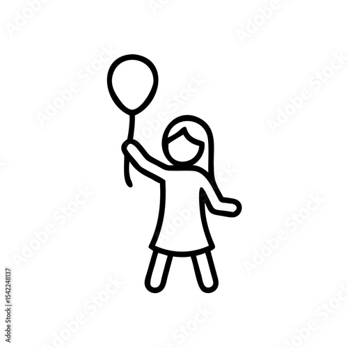 Young Girl in Dress Holding Up Round Balloon Simple Line Art Illustration Black White Handmade