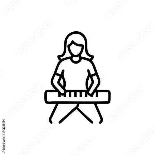 Woman playing keyboard instrument simple line art icon black and white illustration Handmade design female