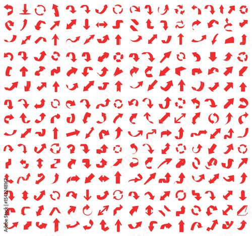 Large collection of diverse arrow icons on white background,  showcases a wide variety of arrow shapes, including upward, downward, leftward, rightward, and circular directional icons,  Red Arrows, ar
