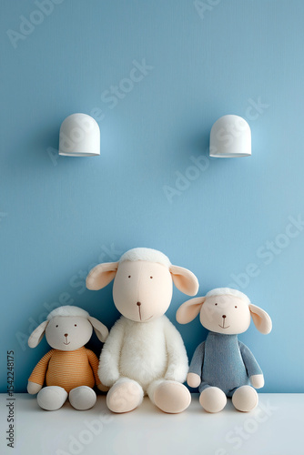 Three plush sheep toys in colorful sweaters sitting against a blue wall under modern white lights, creating a cozy and playful nursery vibe