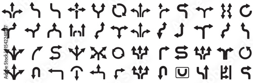 Traffic Arrow Symbols, grid of various traffic arrow symbols, perfect for use in road maps, navigation apps, or educational materials, Red Traffic Direction Arrows, traffic arrows, road signs, navigat