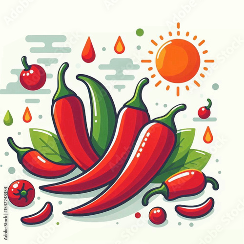 Red chili peppers and green leaves are depicted with a cartoon sun and stylized clouds suggesting heat and dryness