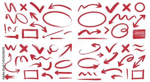 Hand-Drawn Arrows, Circles, and Checkmarks Vector Set, arrows, circles, checkmarks, and other design elements, Red Arrows and Markers for Design, hand drawn, arrows, check marks, x marks, circles, squ