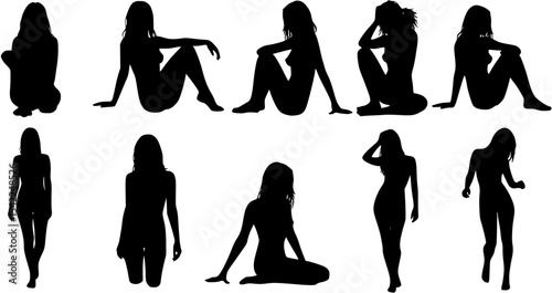 Sexy erotic woman different poses silhouette vector set.
