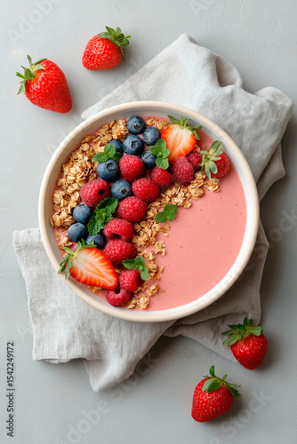 Pink smoothie bowl with granola, strawberries, blueberries, raspberries and mint leaves, styled on linen cloth with scattered berries