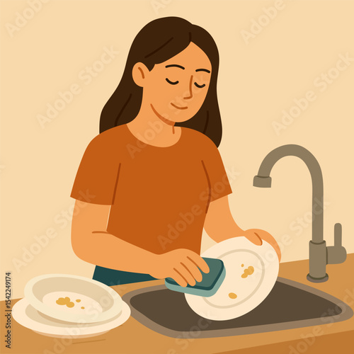 Eco Friendly Kitchen Habit Save Water While Doing Dishes. Girl washing dishes without water.