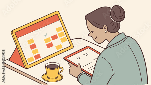 Woman planning with calendar, coffee, and notepad showing date twelve twenty three on a white surface top view