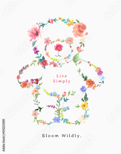 colorful flowers in bear doll shape vector illustration