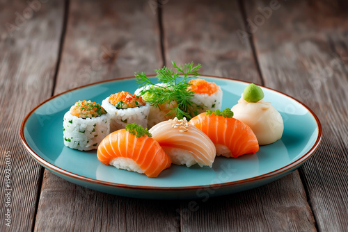 Assorted sushi with salmon, white fish and sushi rolls garnished with herbs, served on a blue plate over rustic wooden background