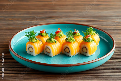 Elegant sushi rolls with mango slices, avocado, herbs and red caviar topping, served on a turquoise plate over wooden background