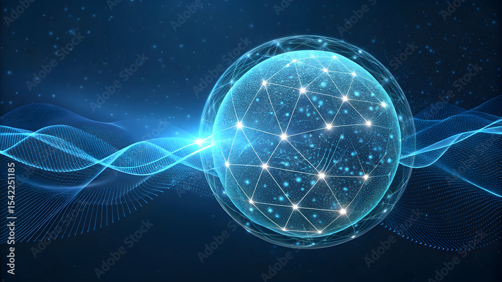 Obraz premium Glowing blue orb, neon light sphere, futuristic technology background, abstract energy concept
