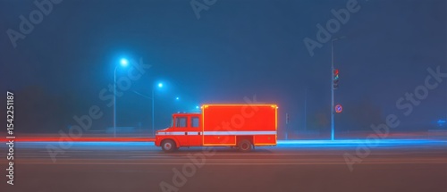 Foggy Night Scene with a Red Truck photo