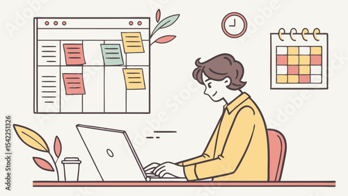 Illustration of a person working on a laptop with a calendar and task board in the background area
