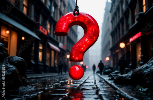 A question mark hovers in the air above the road. a symbol of puzzlement and solutions to the problems of urban industry development