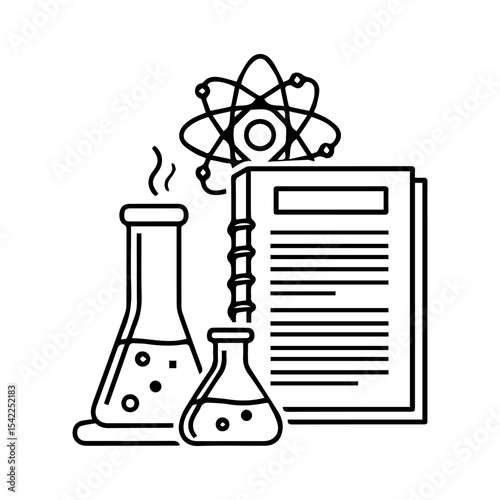 Science themed sketch flasks molecule and notes displayed in a black and white line art illustration