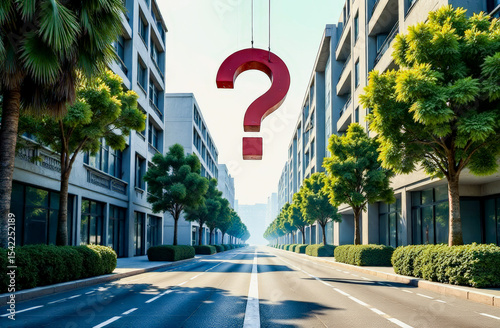 A question mark hovers in the air above the road. a symbol of puzzlement and solutions to the problems of urban industry development